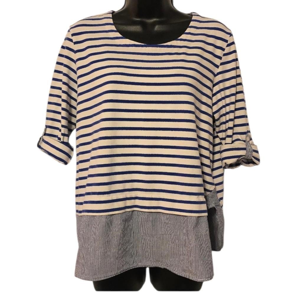 Anthropologie Lili's Closet Blue and White Striped Nautucal Blouse Size M Coast - Picture 1 of 7